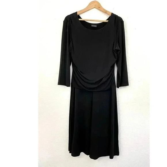 Black Cling Black Stretch Dress Sz Medium Ruched VTG EnFocus Studio Women's - Picture 10 of 13